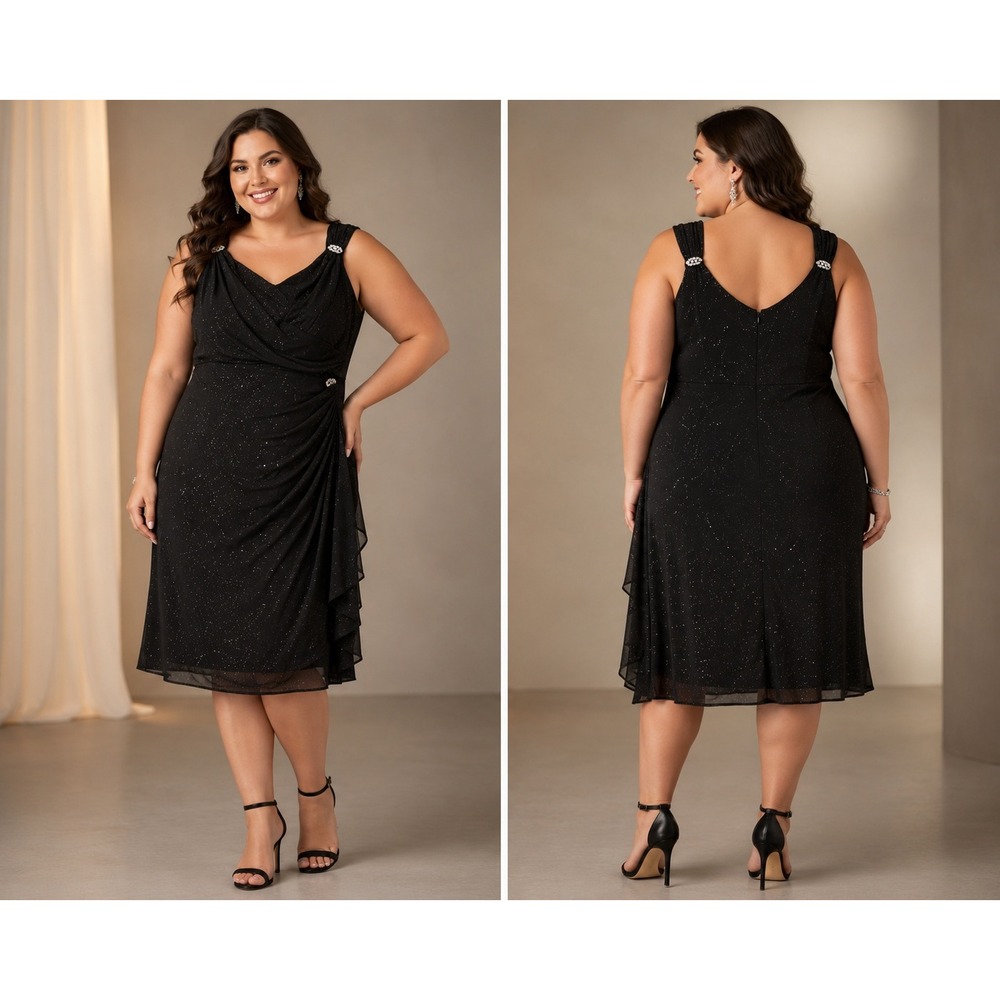 Plus Size Black Sleeveless Draped Cocktail Dress